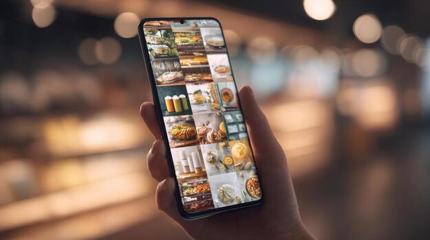 A close-up of a person's hand holding a smartphone displaying a gallery of beautifully arranged food photos. photo