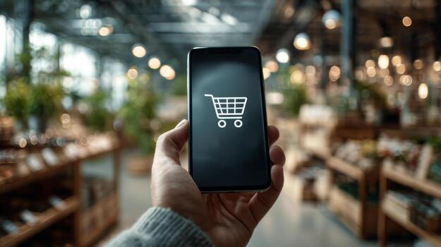 A hand holds a smartphone displaying a shopping cart icon in a vibrant market setting. photo