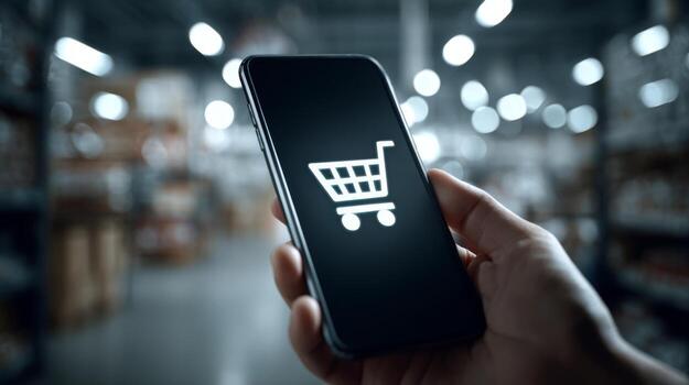 Close-up of a hand holding a smartphone displaying an online shopping cart icon, set against a blurred warehouse background. photo