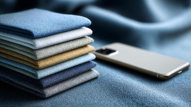 A collection of neatly stacked fabric swatches in various shades of blue and neutral tones with a smartphone nearby, evoking a calm atmosphere. photo