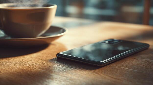 A stylish black smartphone resting next to a steaming coffee cup on a rustic wooden table, basking in warm natural light. photo
