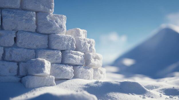 A snowy scene featuring a stack of white snow bricks, creating a serene winter landscape under a bright blue sky. photo