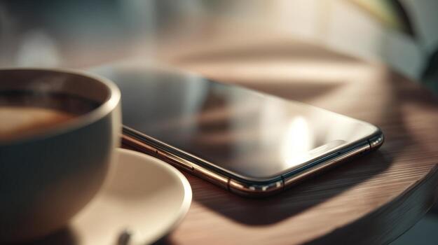 A warm-toned image featuring a smartphone resting on a wooden table beside a cup of coffee, capturing a cozy, inviting moment. photo