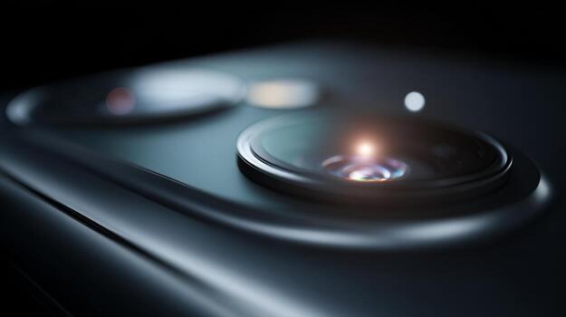 Close-up of a modern smartphone camera lens, showcasing intricate details and reflections. photo