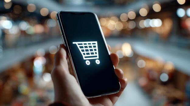 A close-up of a hand holding a smartphone with a shopping cart icon on the screen, set against a blurred retail background. photo