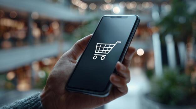 A close-up of a male hand holding a smartphone displaying a shopping cart icon, representing online shopping. photo