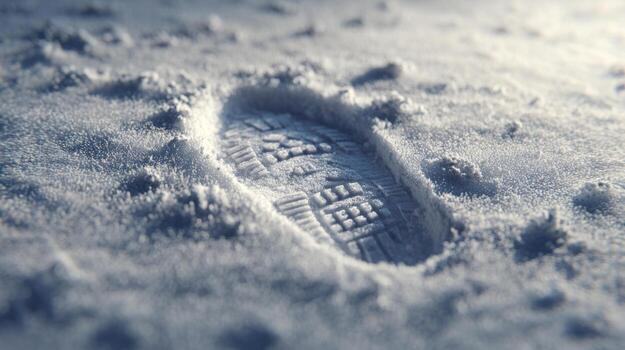 A close-up of a single shoe imprint on a snowy surface, capturing intricate details of the tread pattern. photo
