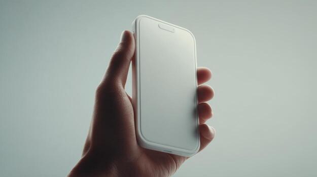 A close-up of a hand holding a sleek, minimalist smartphone against a soft, neutral background. photo