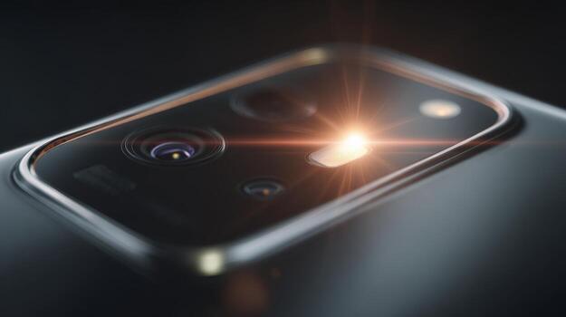 Close-up shot of a modern smartphone camera lens displaying intricate details and reflections. photo