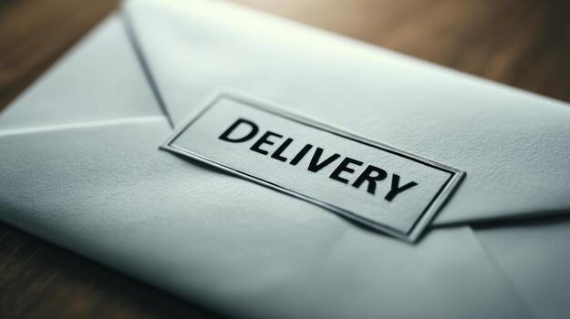 A close-up view of a white envelope labeled 'DELIVERY,' resting on a wooden surface. photo