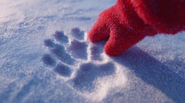un niño rojo mitón huellas un oso pata impresión en Fresco nieve, capturar un momento de preguntarse en un invierno paisaje. foto