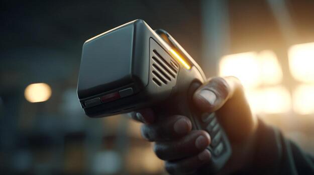 Close-up of a hand holding a modern barcode scanner, showcasing its sleek design and advanced technology. photo