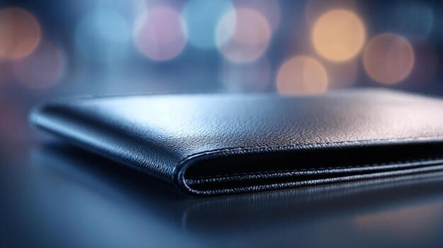 un pulcro negro cuero billetera descansando en un reflexivo superficie, iluminado por suave bokeh luces en el antecedentes. foto