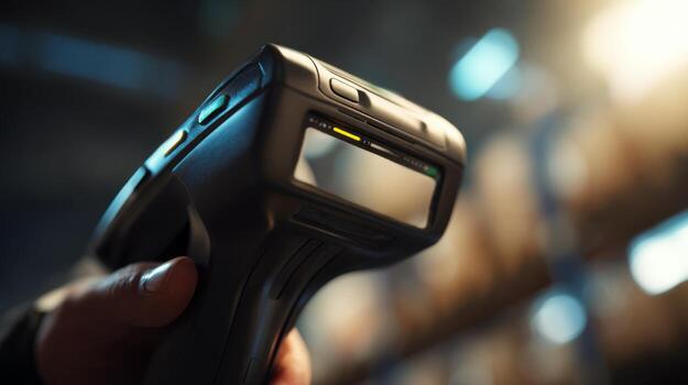 Close-up of a hand holding a modern barcode scanner in a warehouse setting, capturing the essence of technology in logistics. photo