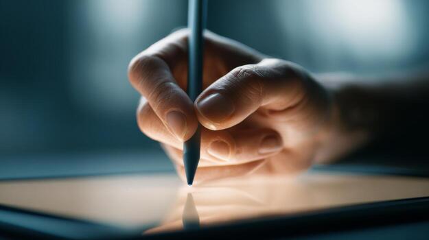 Close-up of a male hand using a stylus on a tablet, showcasing creativity and technology in a modern workspace. photo