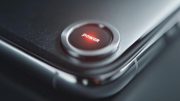 Close-up of a sleek power button on a modern device, illuminated in red, showcasing its minimalist design. photo