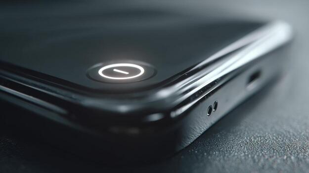 A close-up shot of a sleek black smartphone, featuring a glowing power button against a dark background. photo