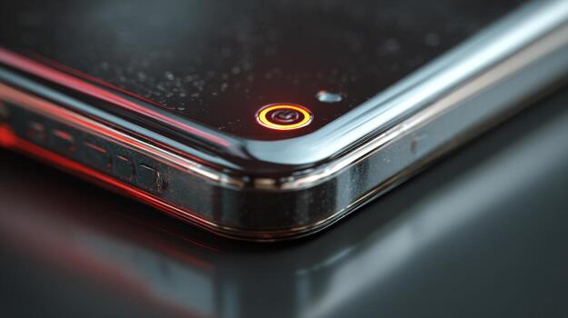 A close-up view of a smartphone with a shiny metallic edge and illuminated camera lens, creating a modern tech aesthetic. photo