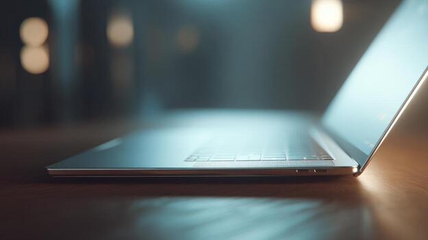 A sleek, modern laptop showcasing its slim profile on a wooden table, illuminated by soft ambient lighting. photo