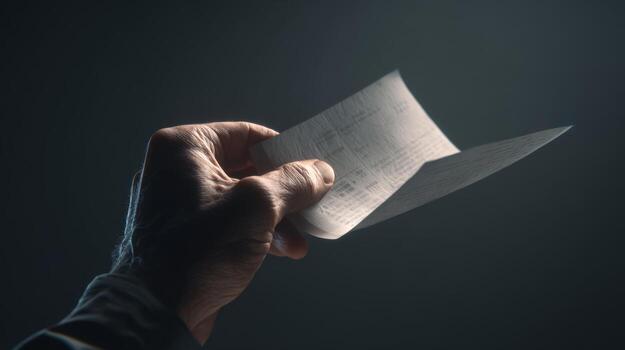 Close-up of a hand holding a sheet of paper, emphasizing texture and light against a moody background. photo