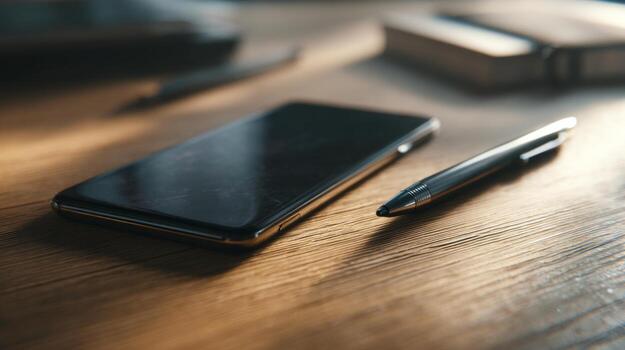 A sleek smartphone and a pen rest on a wooden desk, illuminated by soft natural light, creating a modern and minimalistic workspace ambiance. photo