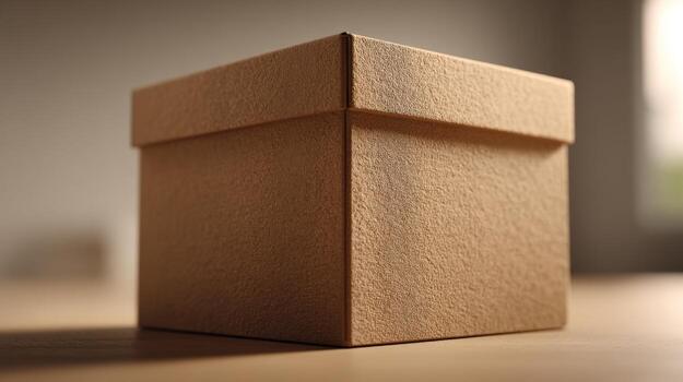 A textured, closed cardboard box on a wooden surface, softly lit to create an inviting atmosphere. photo