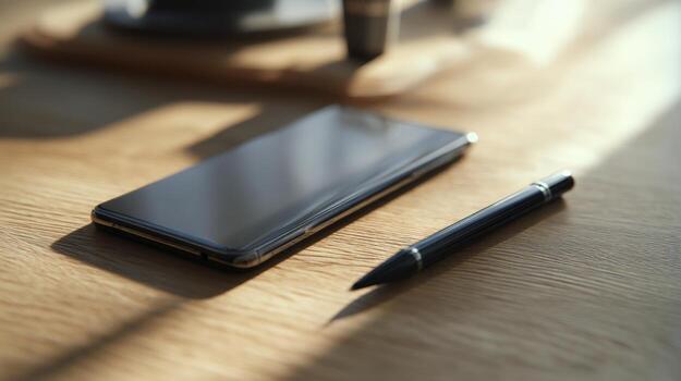 A sleek smartphone and a pen rest on a wooden desk, bathed in warm afternoon light, creating a modern and inviting workspace. photo