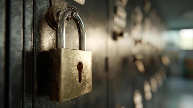Close-up of a vintage brass padlock securing a metal locker, evoking a sense of protection and security. photo