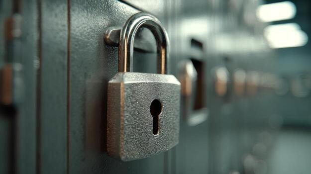 Close-up of a silver padlock securing a metal locker, highlighting safety and security features. photo