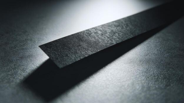 Close-up of a black, textured strip casting a shadow on a dark surface, creating a dramatic visual effect. photo