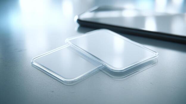 Two clear smartphone screen protectors laid next to a sleek phone on a reflective surface. photo
