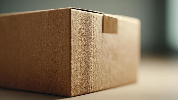 A close-up view of a textured cardboard box, highlighting its natural earthy tones and simple design. photo