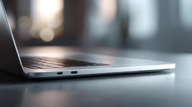 Sleek silver laptop on a modern desk, elegantly reflecting light with a softly blurred background. photo