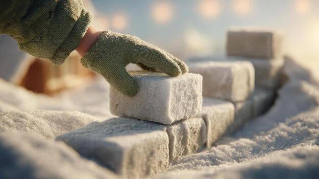A close-up of a gloved hand stacking snow blocks in a wintery scene, surrounded by soft snow and a warm, glowing background. photo