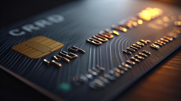 Close-up of a credit card highlighting its chip and embossed numbers with soft light reflections. photo