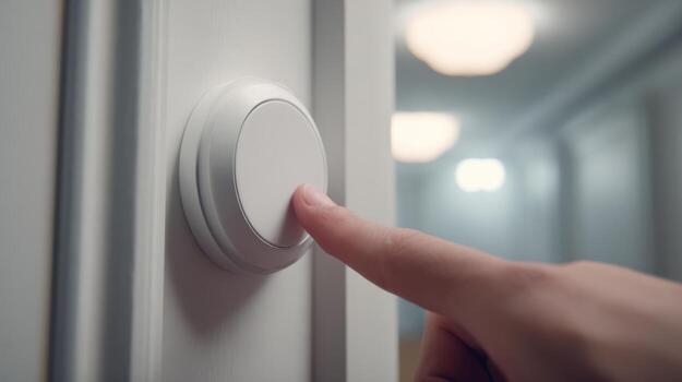 A close-up of a hand pressing a white doorbell button, set against a softly lit corridor background. photo