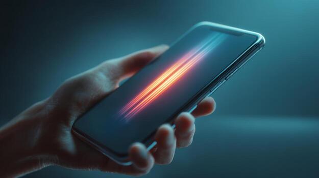 A close-up of a hand holding a smartphone displaying bright, colorful lines on the screen, creating a futuristic vibe. photo