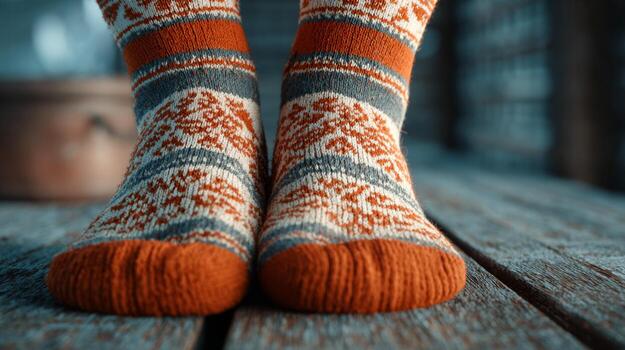 Close-up of cozy orange and grey patterned socks resting on a wooden surface, evoking warmth and comfort. photo