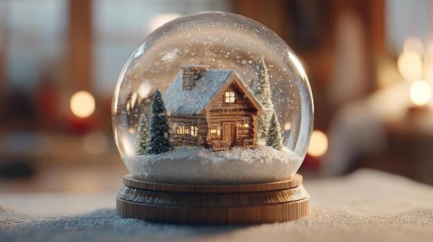 un encantador nieve globo presentando un acogedor Iniciar sesión cabina rodeado por hojas perennes árboles, creando un mágico invierno atmósfera. foto
