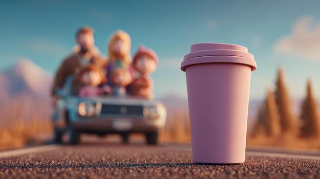 A vibrant animated coffee cup in the foreground with a happy family in a car against a scenic backdrop. photo