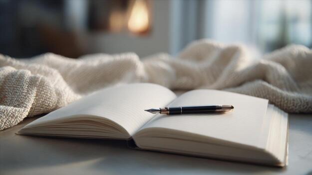 A cozy workspace featuring a classic fountain pen resting on an open notebook, illuminated by soft, natural light. photo