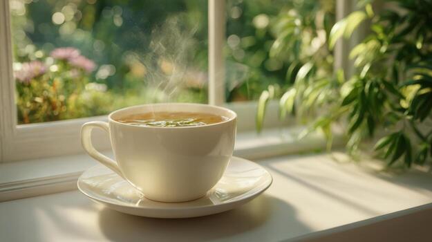 A steaming cup of herbal tea sits on a saucer, illuminated by sunlight streaming through a window with greenery in the background. photo