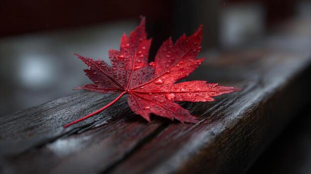 A vibrant red maple leaf adorned with raindrops rests on a wooden surface, exuding a serene autumn mood. photo