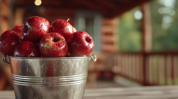 A fresh batch of shiny red apples in a metal bucket, glistening with dew, set against a rustic wooden background. photo