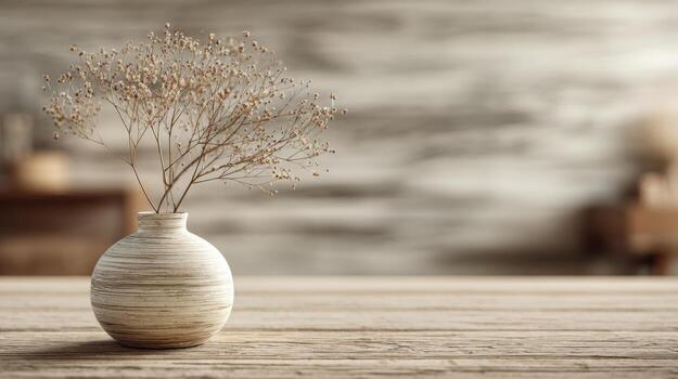 A serene close-up of a humble vase with dried flowers, adding a touch of rustic charm to a cozy, softly lit interior. photo