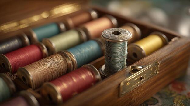 un de cerca de un de madera de coser caja lleno con vistoso carretes de hilo, exhibiendo un variedad de sombras y texturas foto