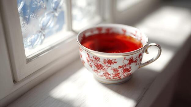 A delicate porcelain cup filled with vibrant red tea sits elegantly on a sunlit windowsill, casting soft reflections around it. photo