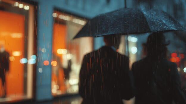 A couple walks under an umbrella in the rain, creating a romantic atmosphere amid the urban backdrop of vibrant store windows. photo