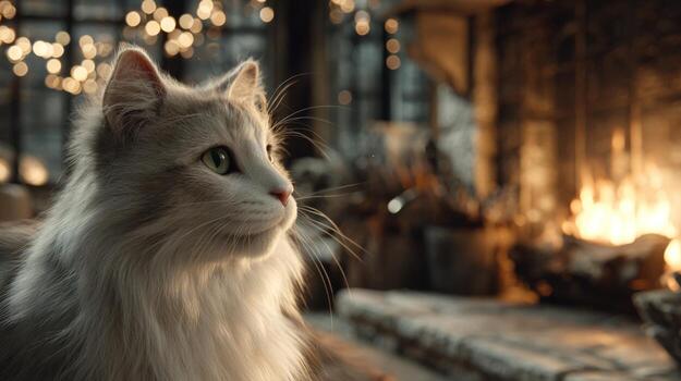 un sereno mullido gris y blanco gato miradas pensativamente hacia un calentar chimenea, creando un acogedor atmósfera. foto