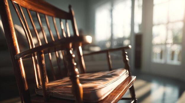 A rustic wooden rocking chair bathed in warm morning light, creating a cozy and inviting atmosphere. photo